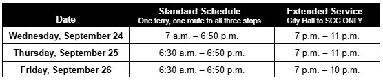 Ferry schedule Sept. 24-26, 2025