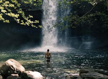 A hiker in a forest surrounded lake looking at a tall waterfall.