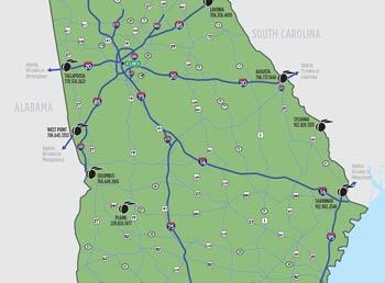Highway map of GA with indicators of the 11 visitor centers