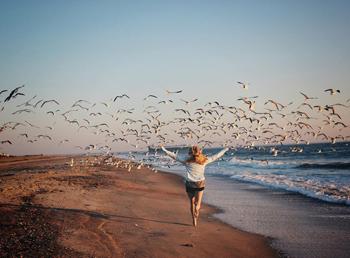 A woman running towards a flock of seagulls just taking flight on a beach.