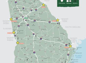 2025 Travel Guide map showing locations of Georgia Visitor Information Centers around the state