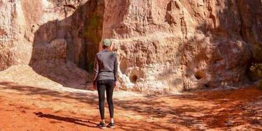 hiker looking down a large stone canyon